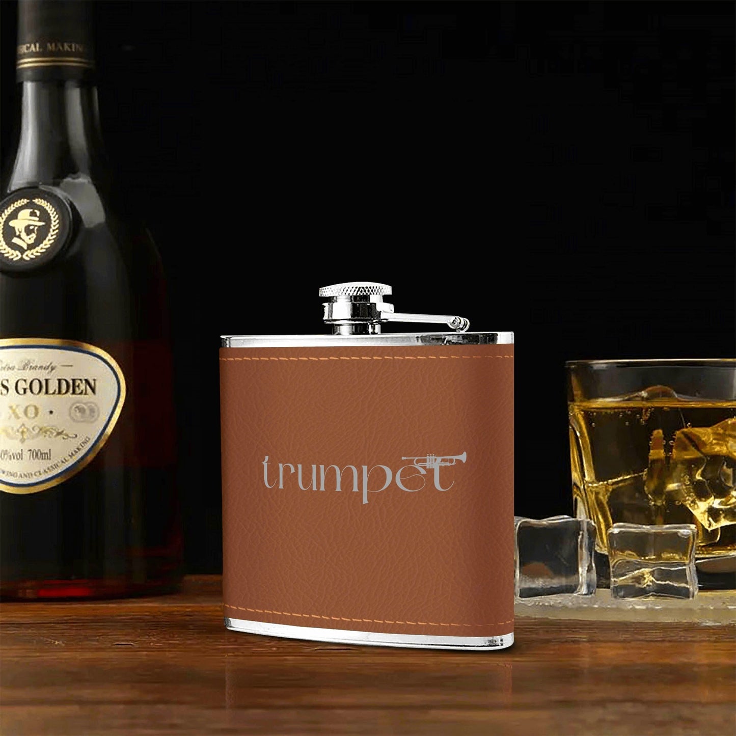Trumpet Custom Brown Leather Flask Wrapped Stainless Steel 6oz