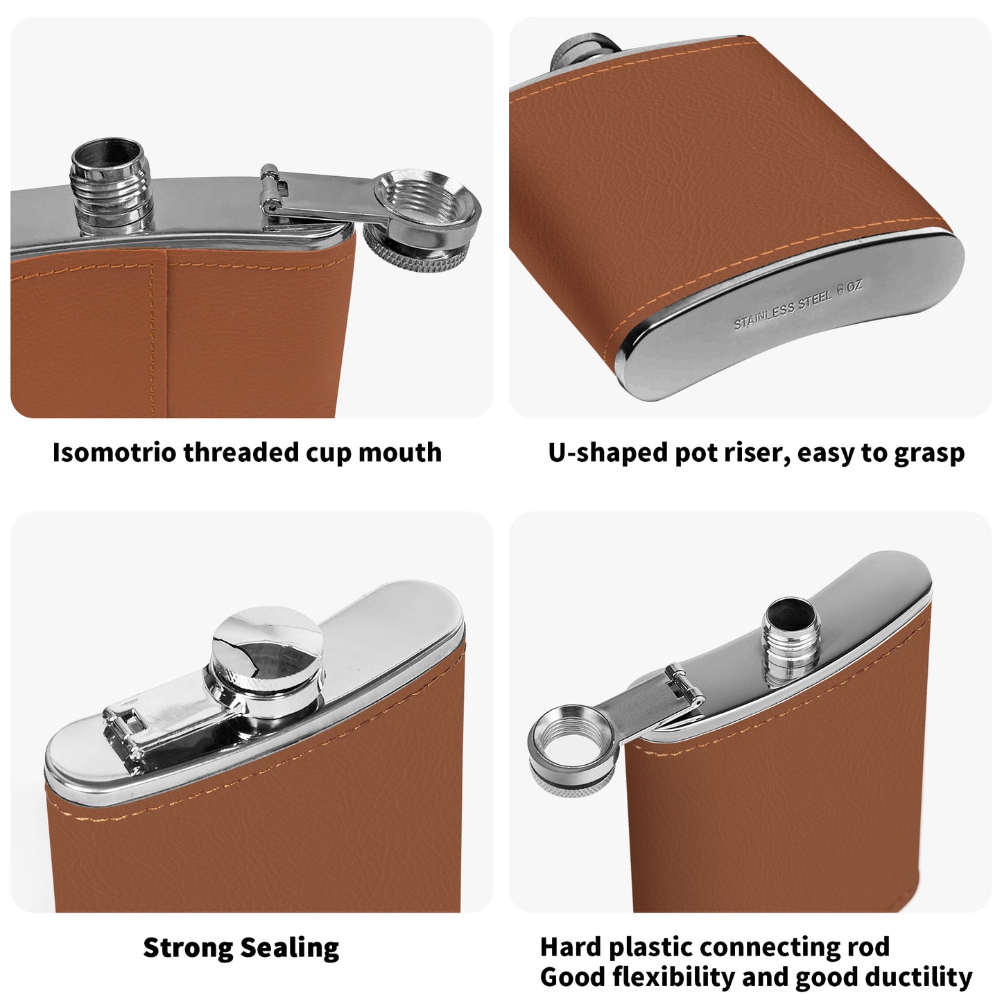 Trumpet Custom Brown Leather Flask Wrapped Stainless Steel 6oz
