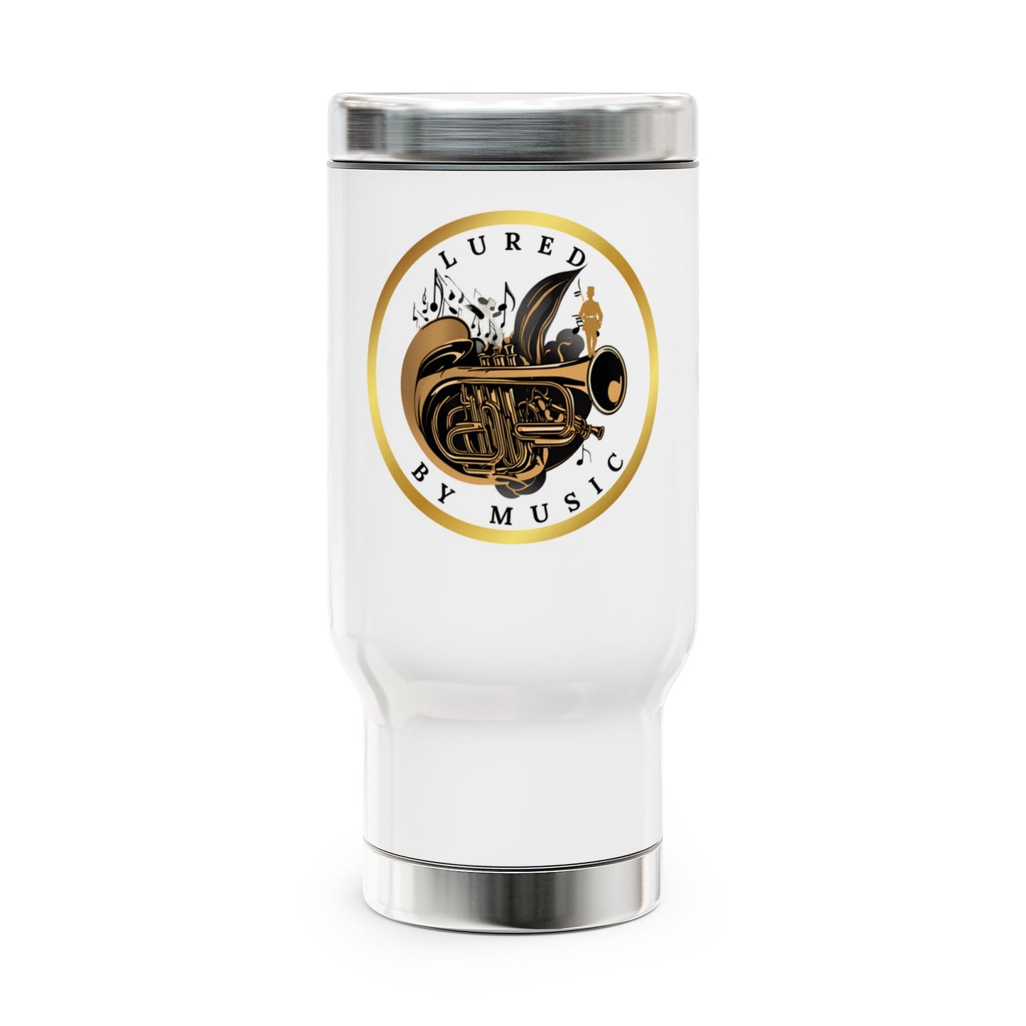 "Lured By Music" Stainless Steel Travel Mug with Handle, 14oz