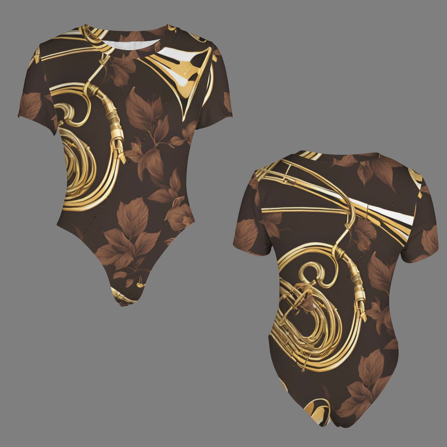 Brown Flower and Gold Brass Short Sleeve Bodysuit