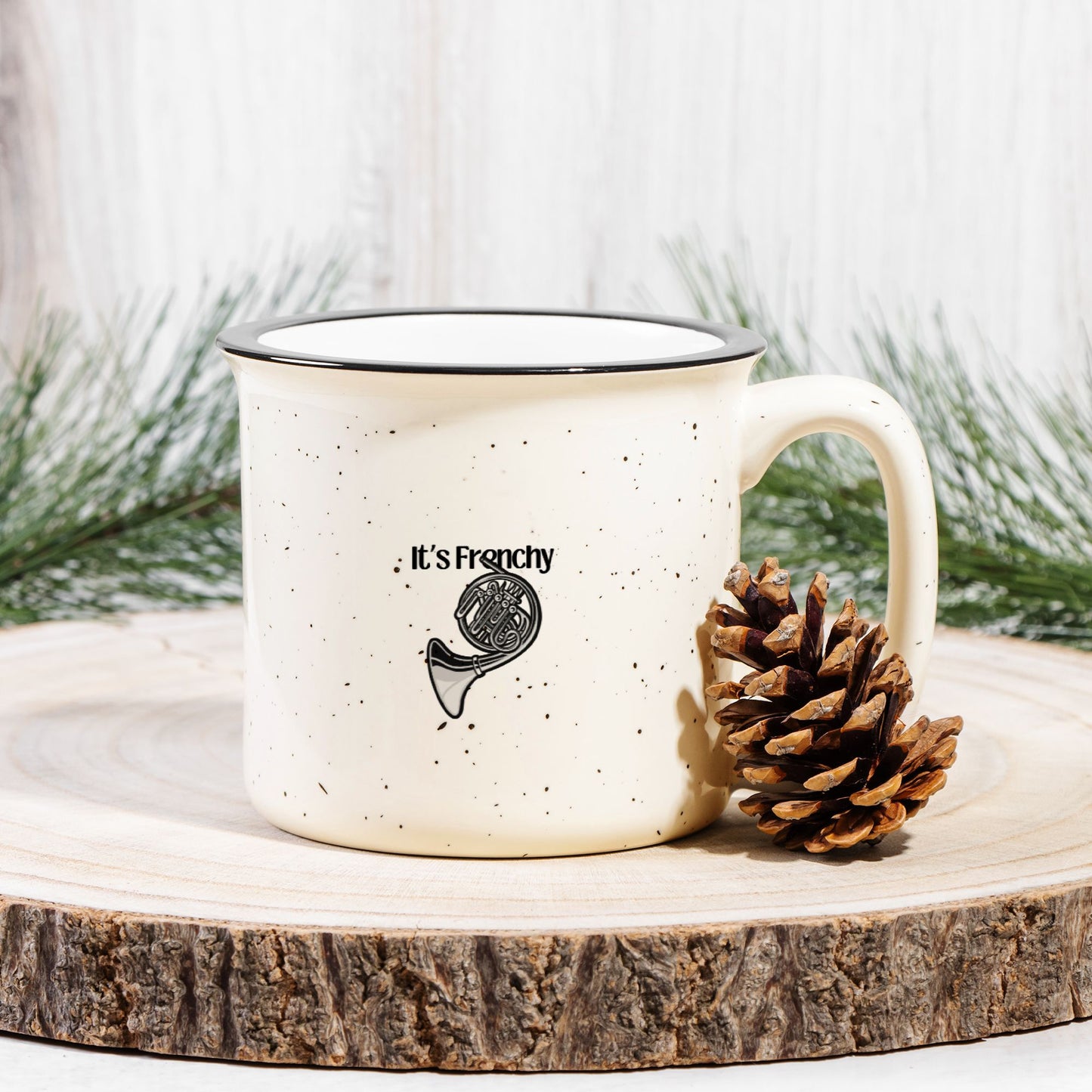 "French Horn" Ceramic Camp Mug Speckled Cream 13 oz